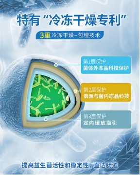 上文提到的妙语益生菌,采用了独特的3重冷冻干燥-包埋技术,可以提高益