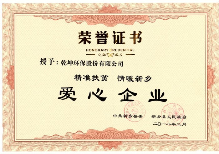 2018年2月新乡县精准扶贫 情暖新乡爱心企业荣誉证书