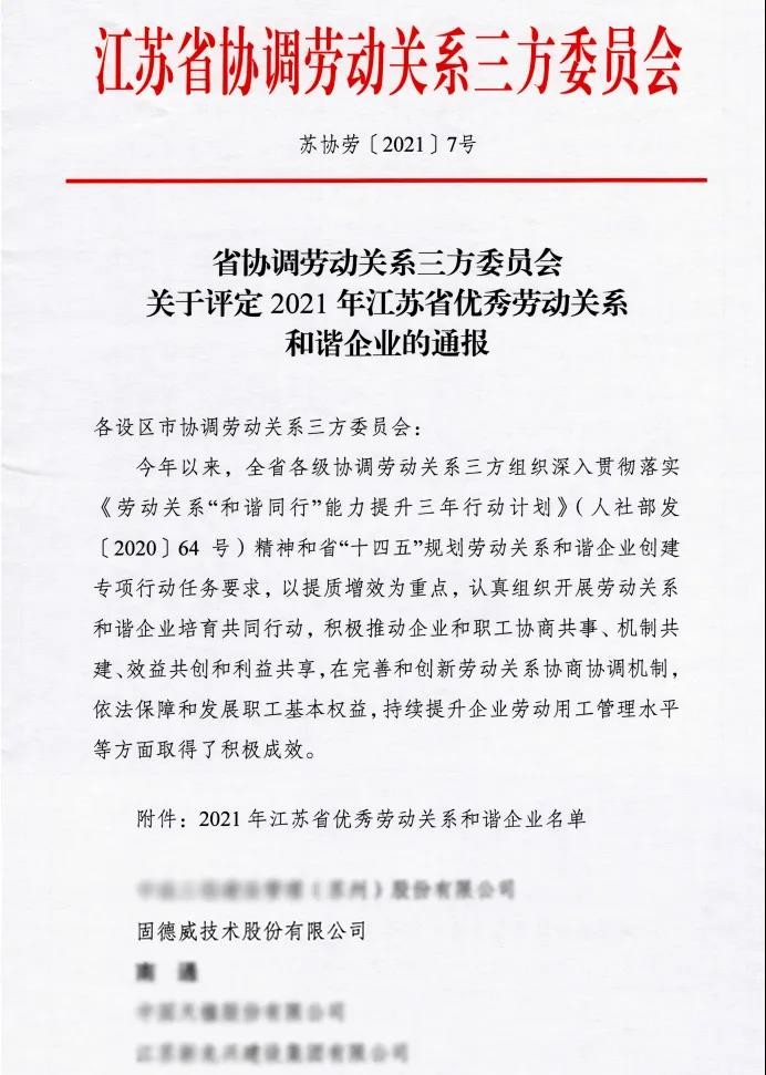固德威获评“2021年江苏省优秀劳动关系和谐企业”称号