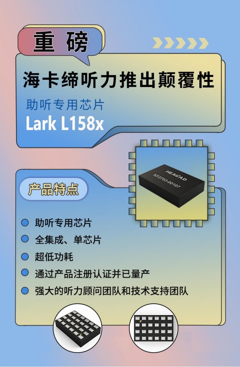 海卡缔听力重磅推出Lark L158x专用助听芯片，拥有全自主IP，单芯片、全集成、超低功