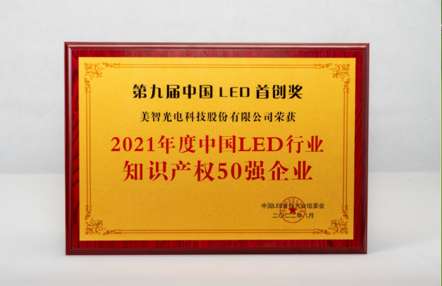 荣誉而至！美智光电荣获“ 2021年中国LED行业知识产权50强企业“荣誉称号