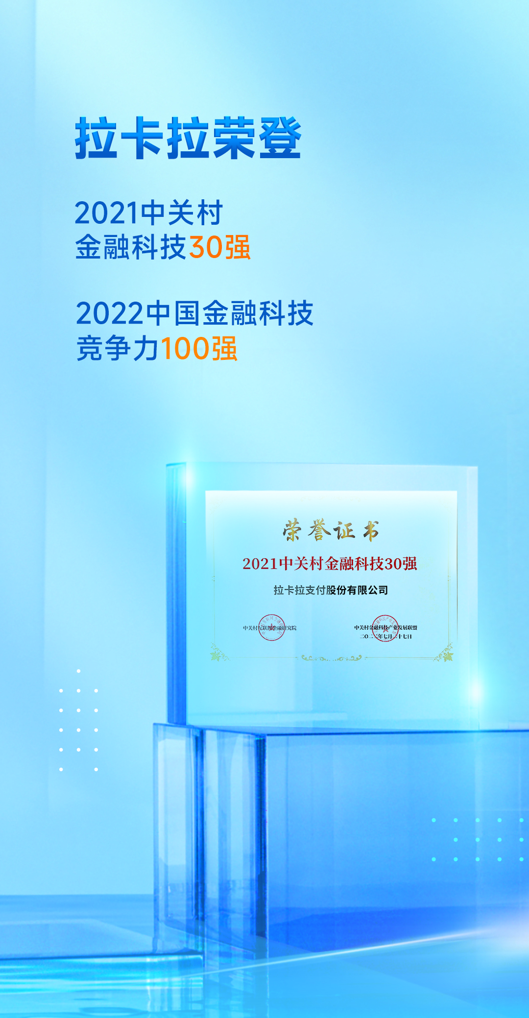 拉卡拉荣登“2021中关村金融科技30强”及“2022中国金融科技竞争力100强”榜单