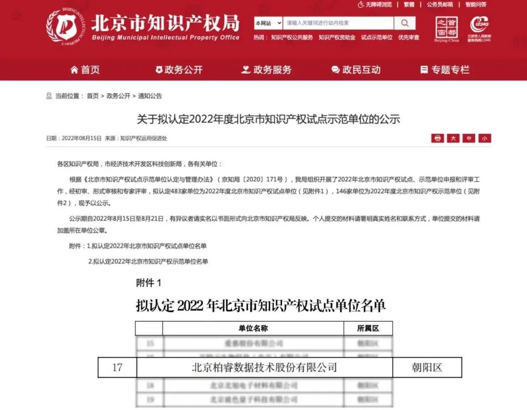 柏睿数据获批成为“北京市知识产权试点单位”